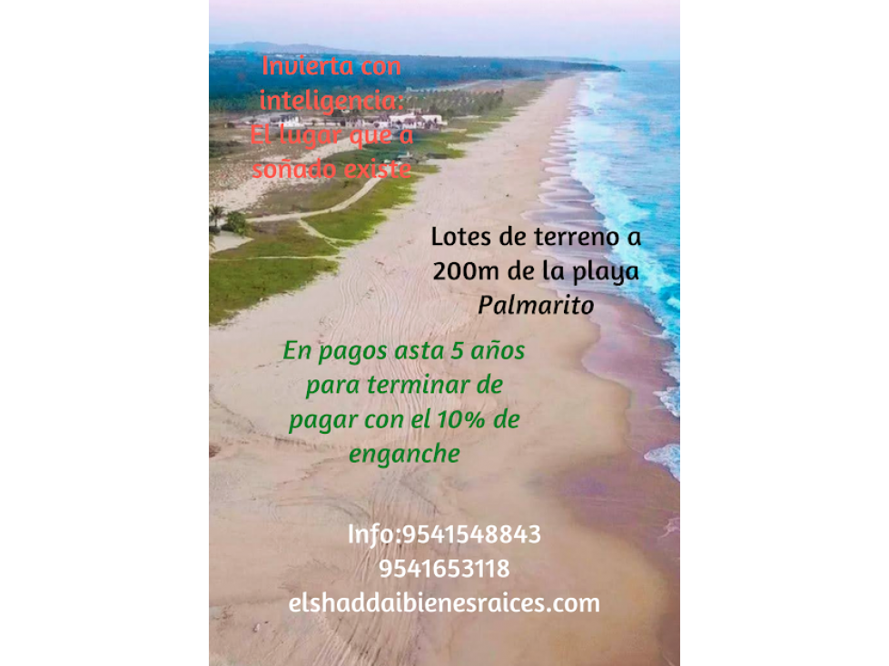 Terrenos en venta 200 metros la playa Palmarito.